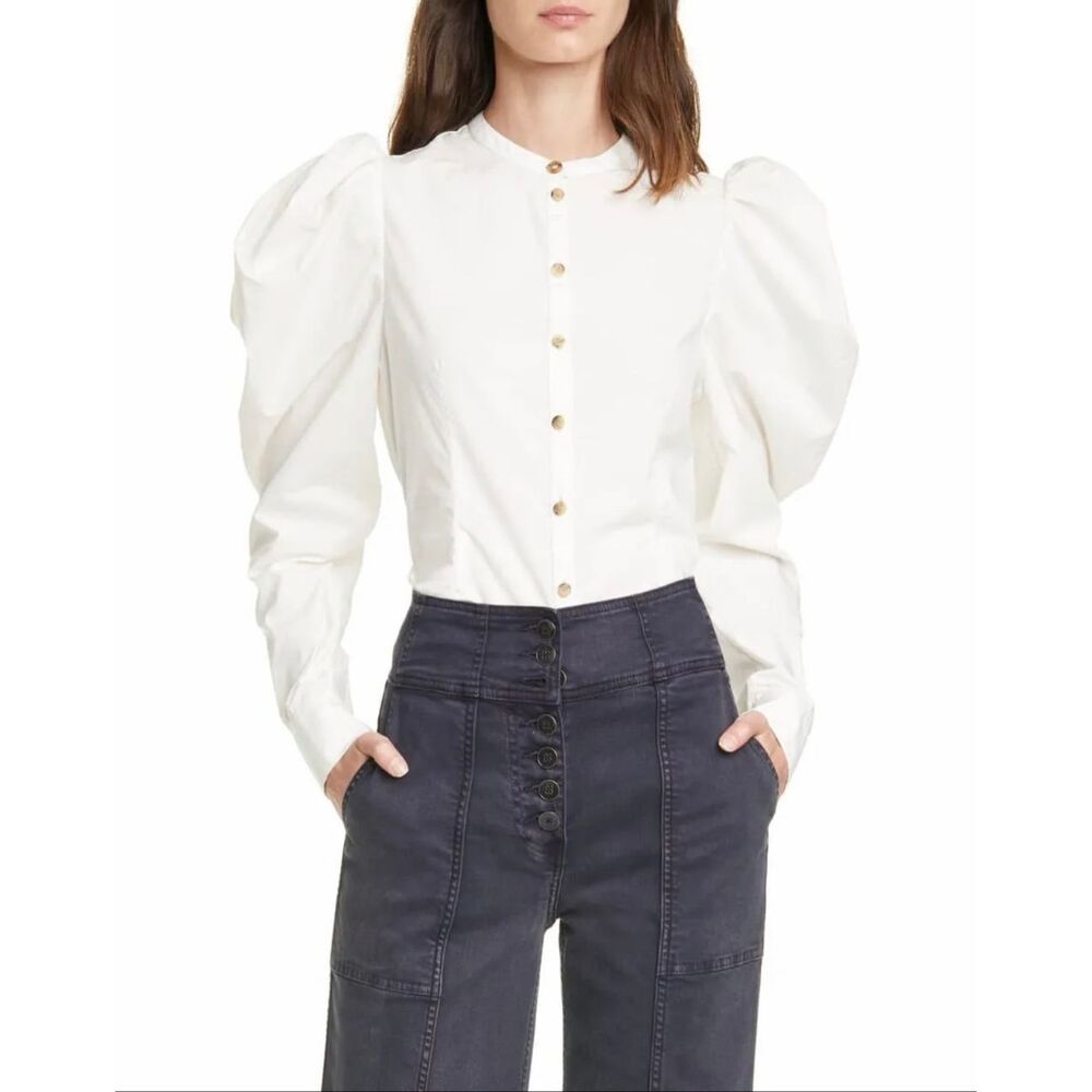 Ulla Johnson Willa Puff Sleeve Cotton Blouse in Blanc Size 10